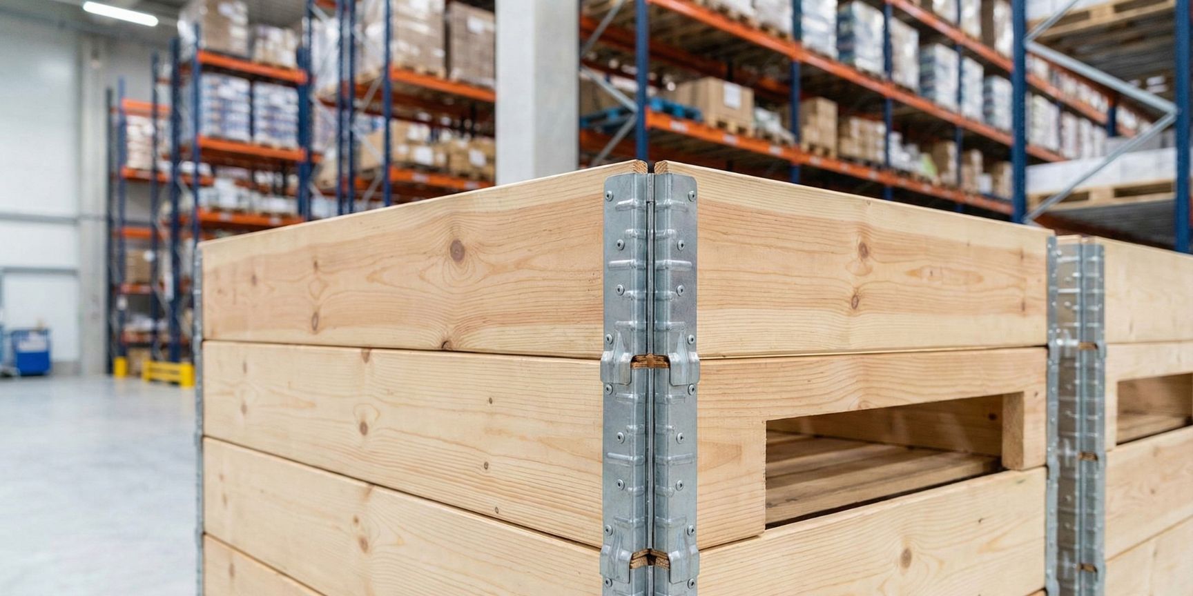 Close-up of stacked Düsseldorf pallets with characteristic metal brackets and wooden boards in a modern high-bay warehouse, relevant for warehouse logistics and logistics properties.